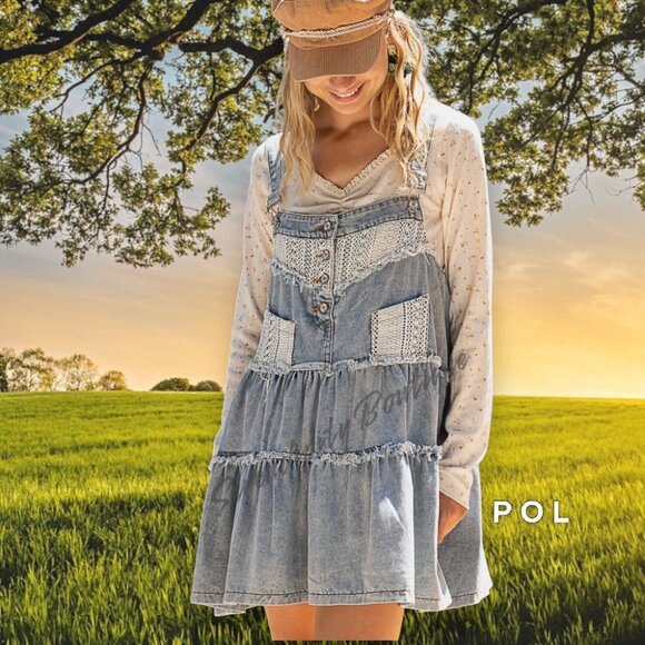 POL Sweet Farmer Girl Denim & Lace Patchwork Suspender Overalls Blue Jean Dress - Picture 4 of 12
